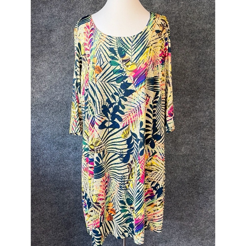 Triste Tropical Scoop Neck Midi Dress Womens 3X Navy Multi Leaf Print 3/4 Slv